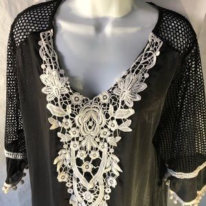 K.Y.E. Black swimming suit cover with white embroidery size L